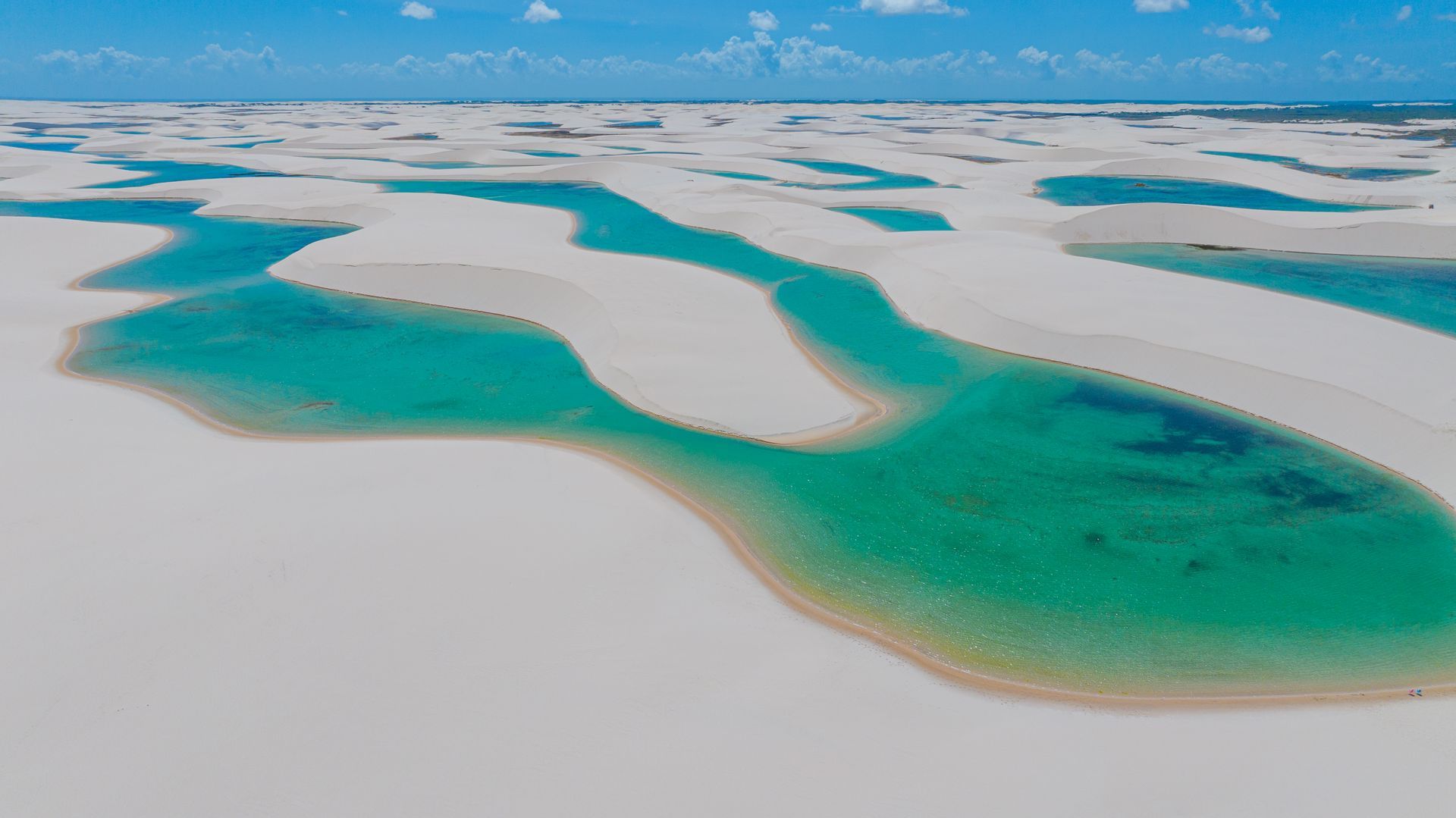 Dunes blanches et lagunes turquoise des Lençóis Maranhenses, paysage naturel incontournable du Brésil.